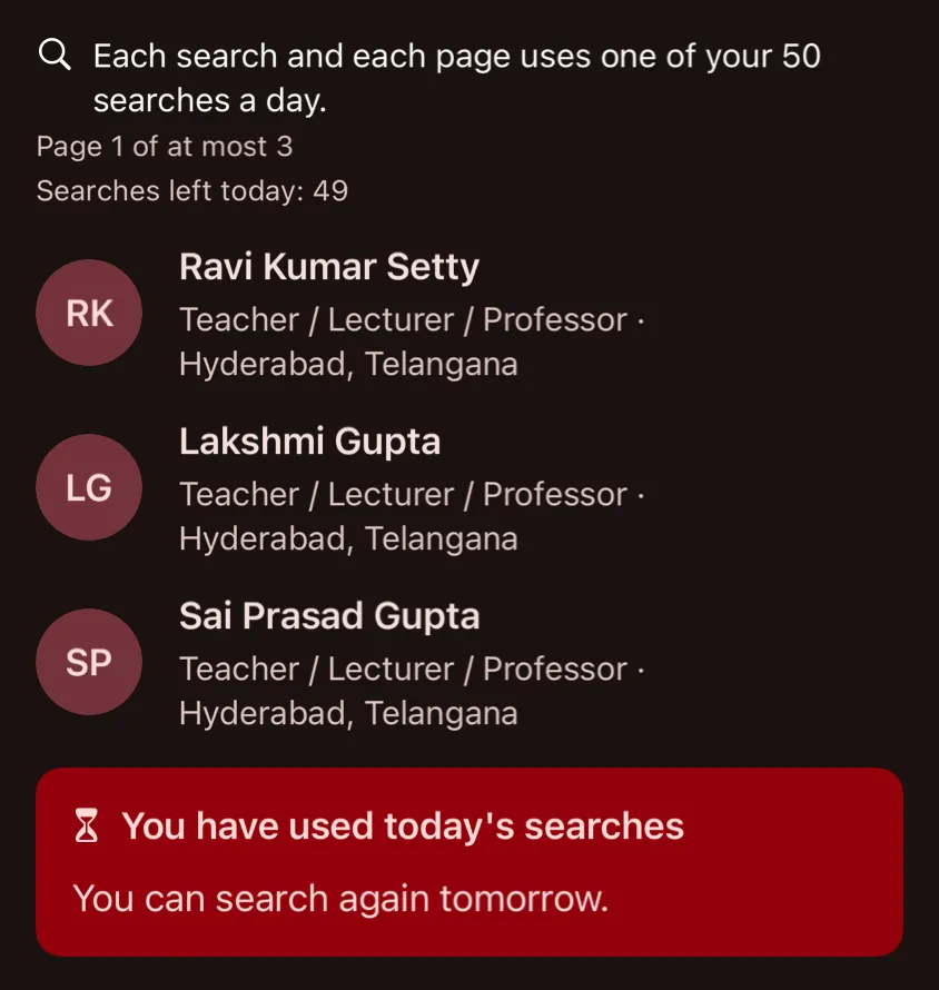 The iPhone app's network search, showing three results and a notice: 'You have used today's searches. You can search again tomorrow.'